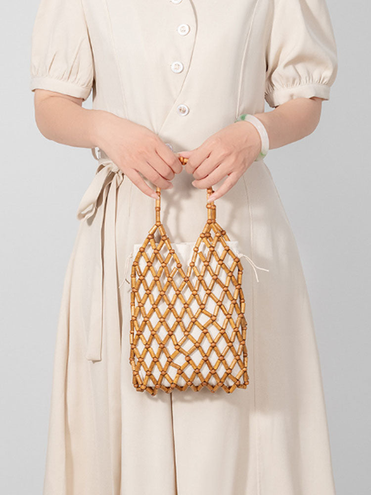 Hollow-Out Wooden Bead Woven Tote Bag-CALLISTARI