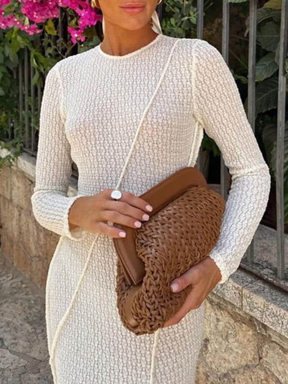 Jacquard Backless Paneled Long-Sleeved Maxi Dress-CALLISTARI