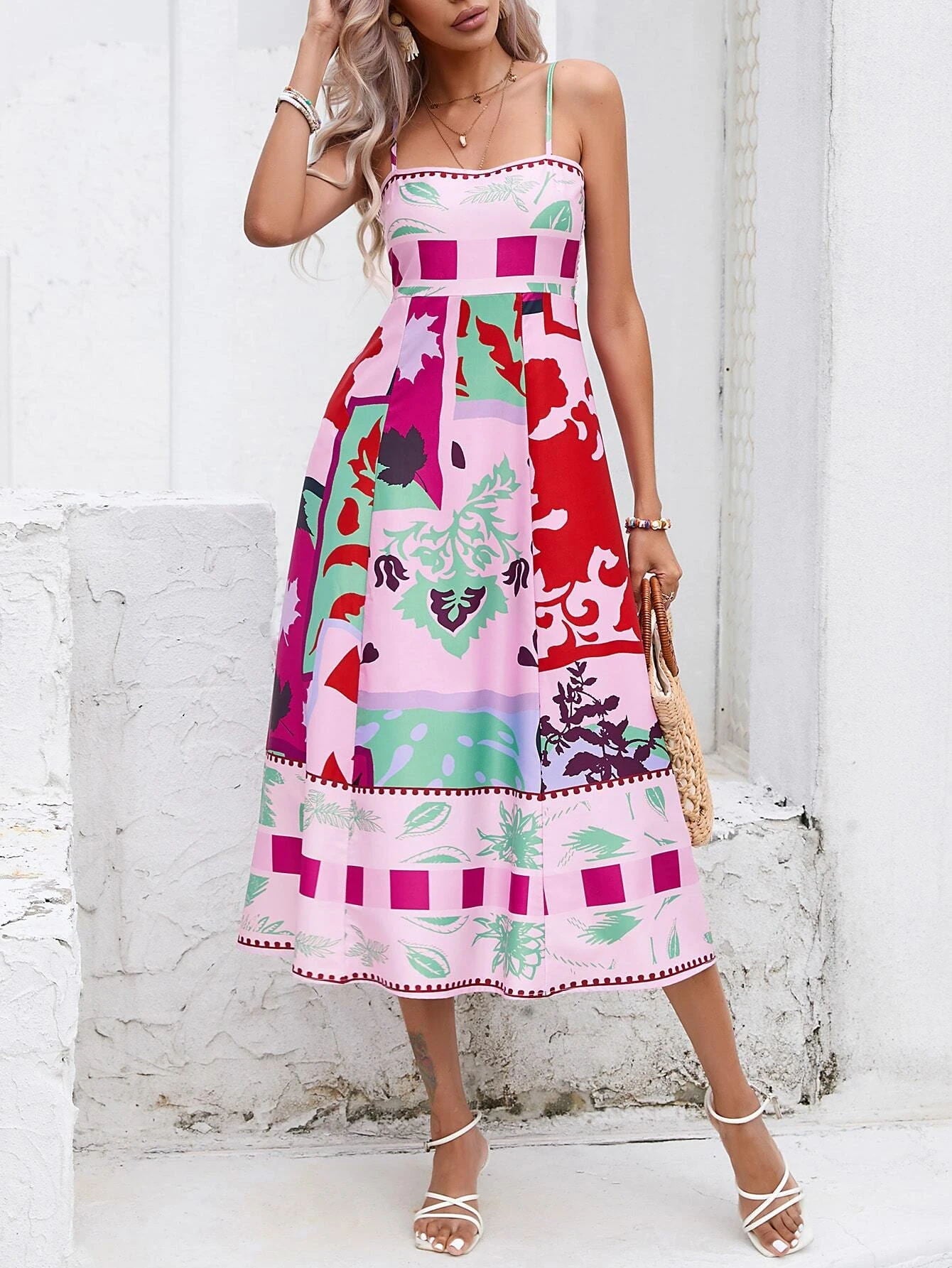 Patchwork Slip Maxi Dress: Abstract Colorful Printed-CALLISTARI