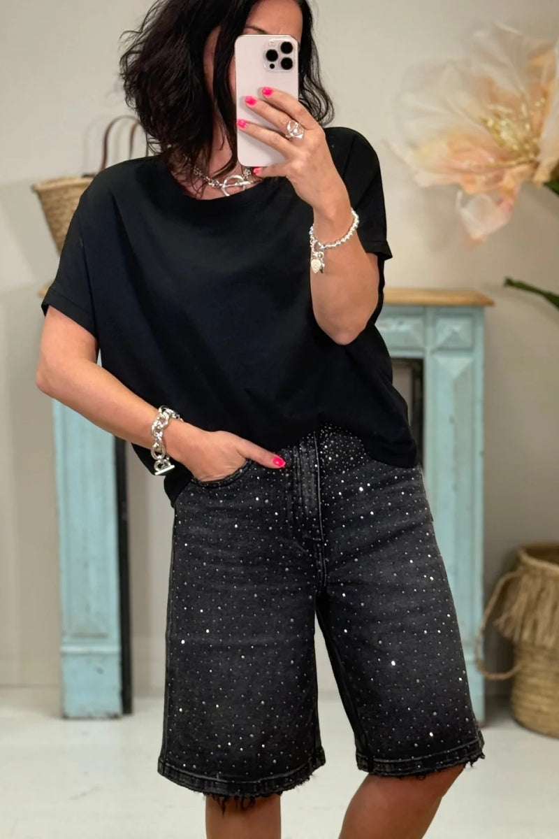 Bermuda Rhinestone Short Jeans-ROVOLE