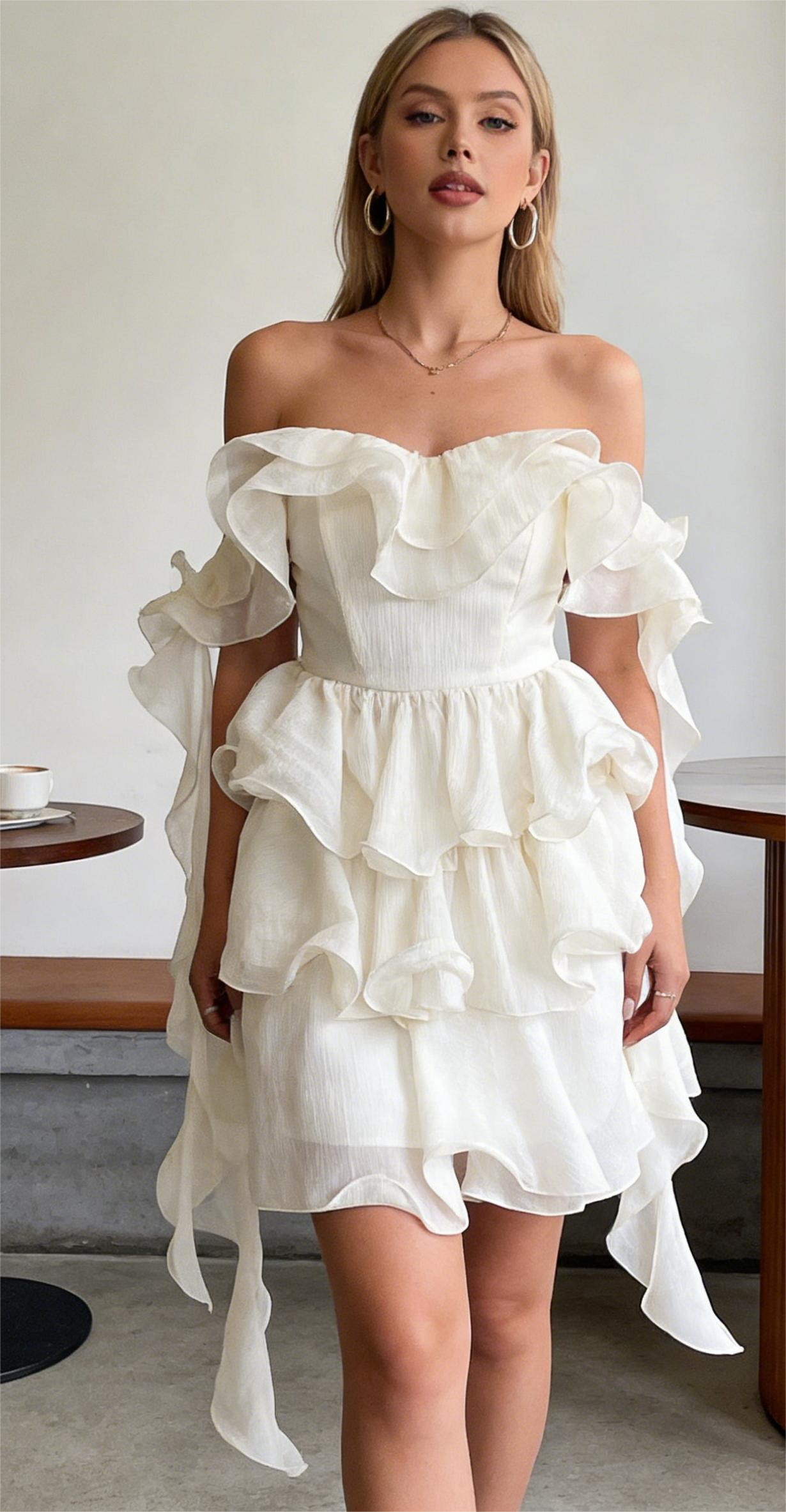 Ivory ruffled mini dress-Trafni