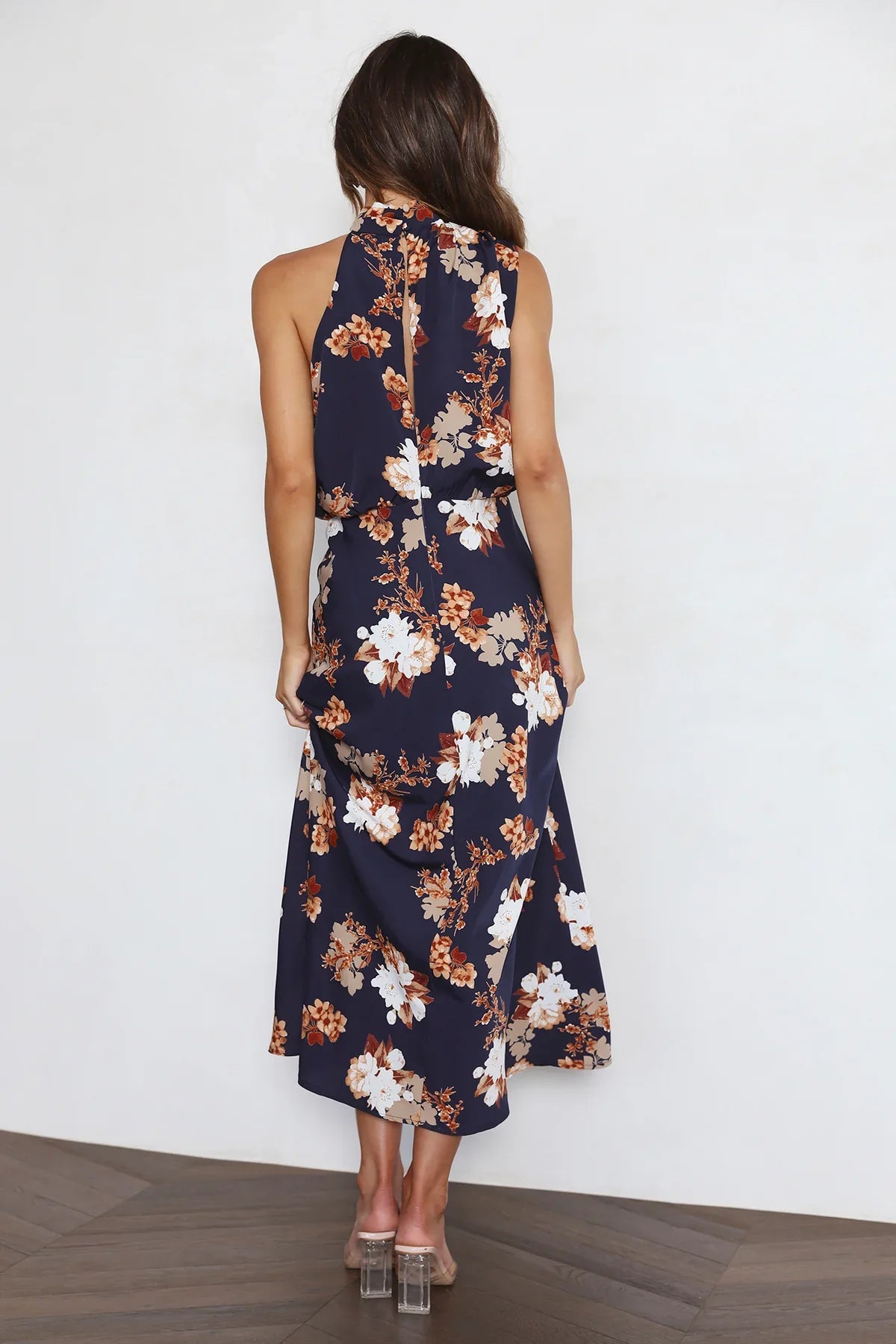 Wine Country Dates Floral Halter Neck Elastic Waist Maxi Dress-Mesadic