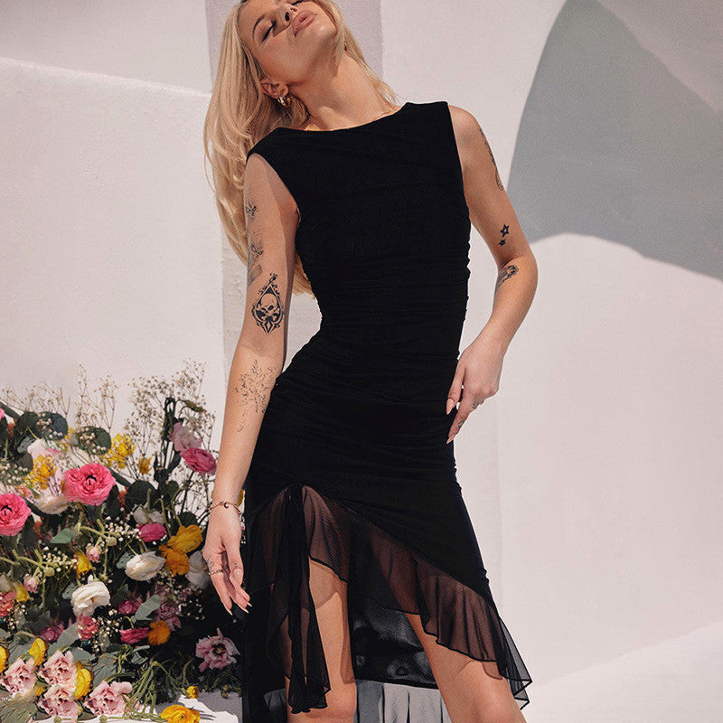 Women's Round Neck Sleeveless Waist Irregular Mesh Dress-CALLISTARI