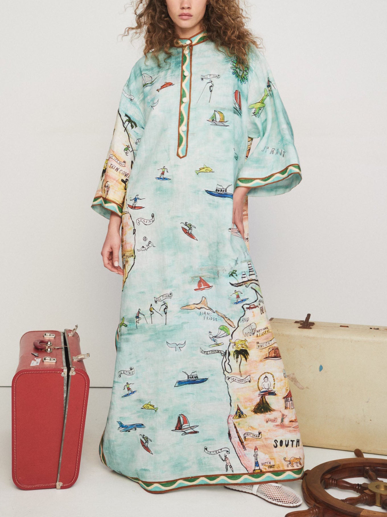 Modern Satin Art Island Print Slit Maxi Dress-CALLISTARI