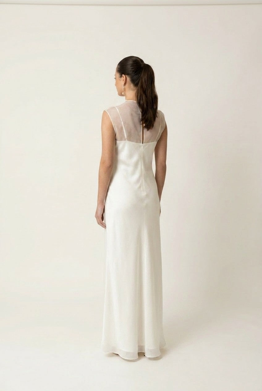 Sheer Organza Overlay Satin Maxi Dress
