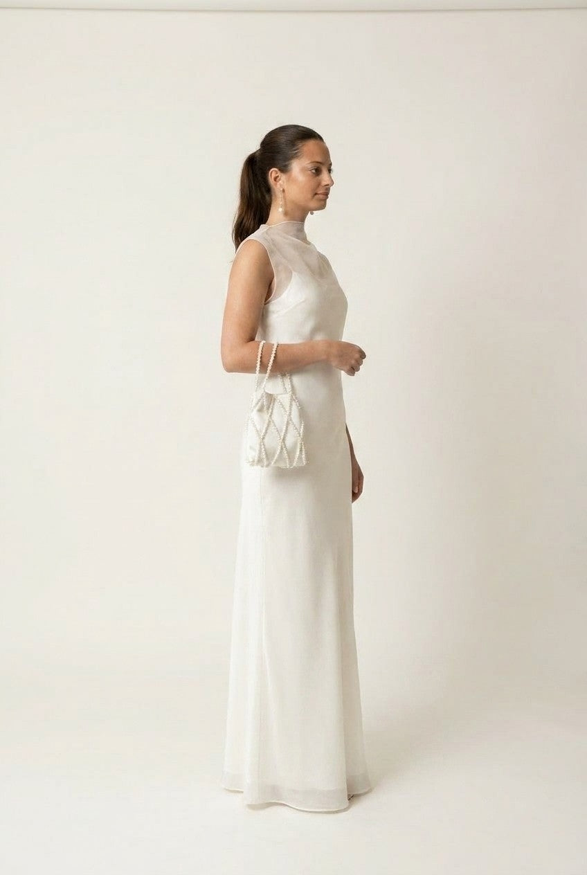 Sheer Organza Overlay Satin Maxi Dress