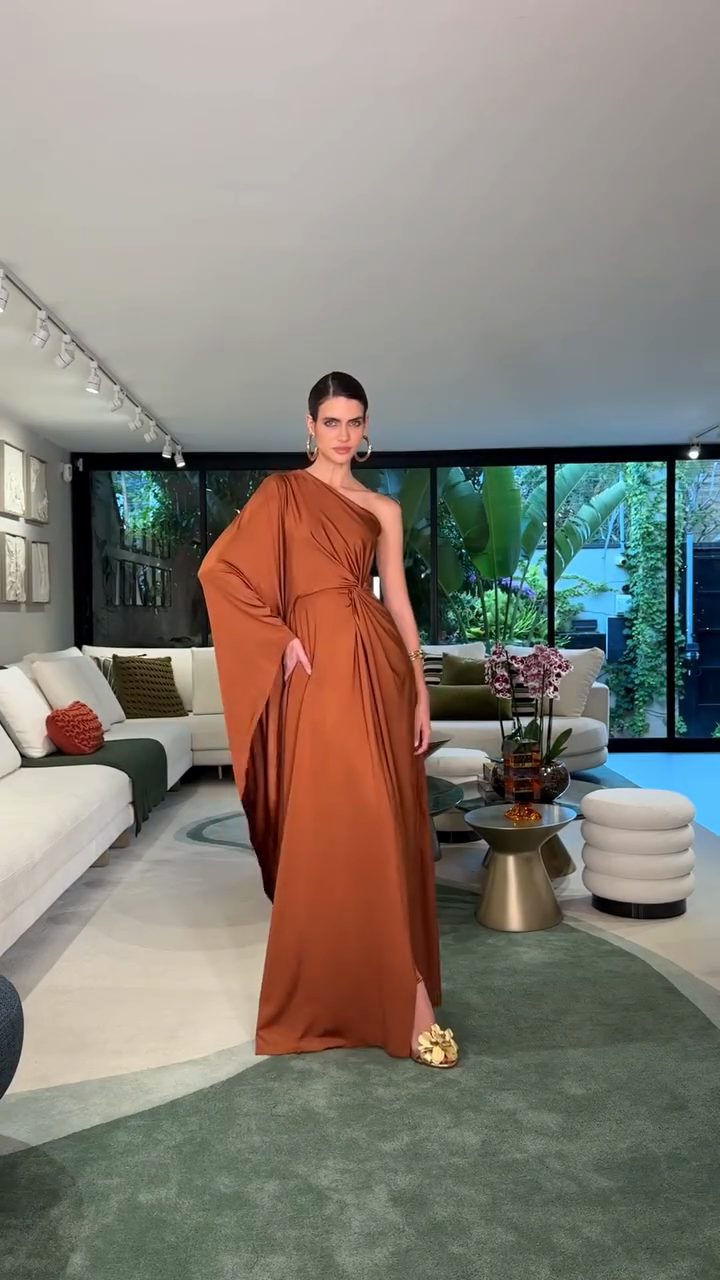 Terracotta-colored one-shoulder pleated maxi dress
