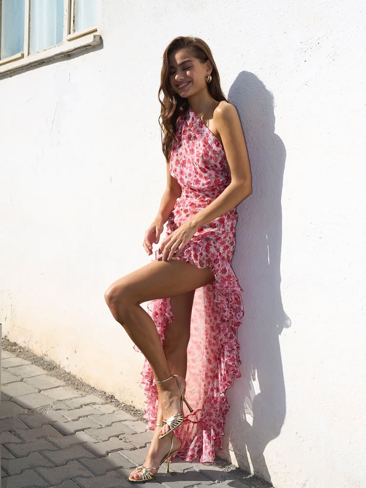 Kidney Ruffle Floral Print Dress-CALLISTARI