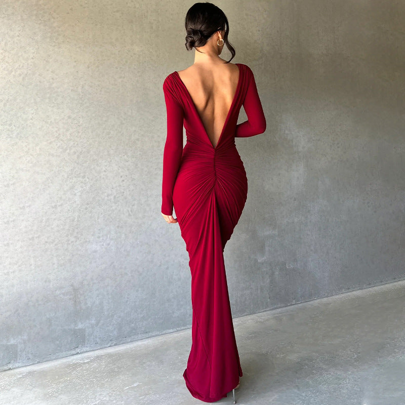 Midnight- Pleated Long Sleeve Backless Bodycon Maxi Dress-CALLISTARI