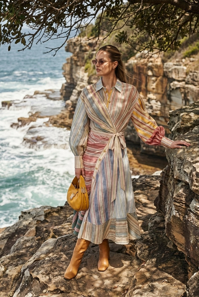 Striped Linen Wrap Dress
