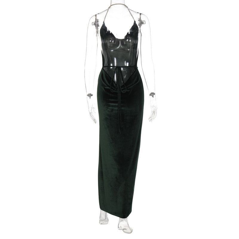 Jasmine - Backless Cowl Neck High Slit Velvet Slip Maxi Dress-CALLISTARI