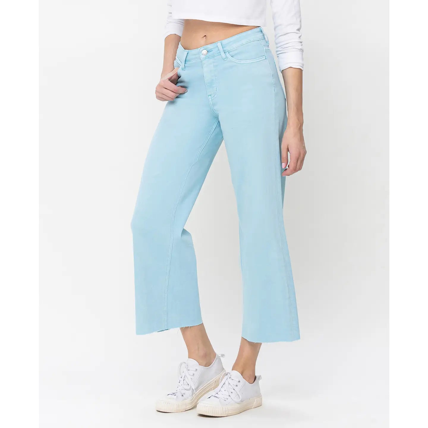 High Rise Clean Cut Raw Hem Wide Leg Jeans - Pastel Turquoise-Mesadic