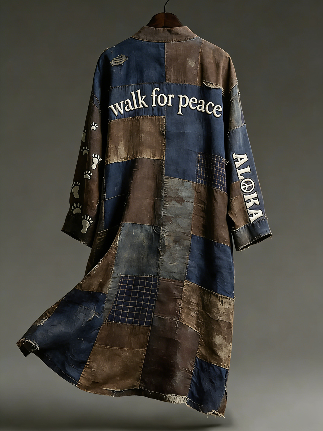 Vintage Peace For Walk Art In Patchwork Print Linen Long Kimono