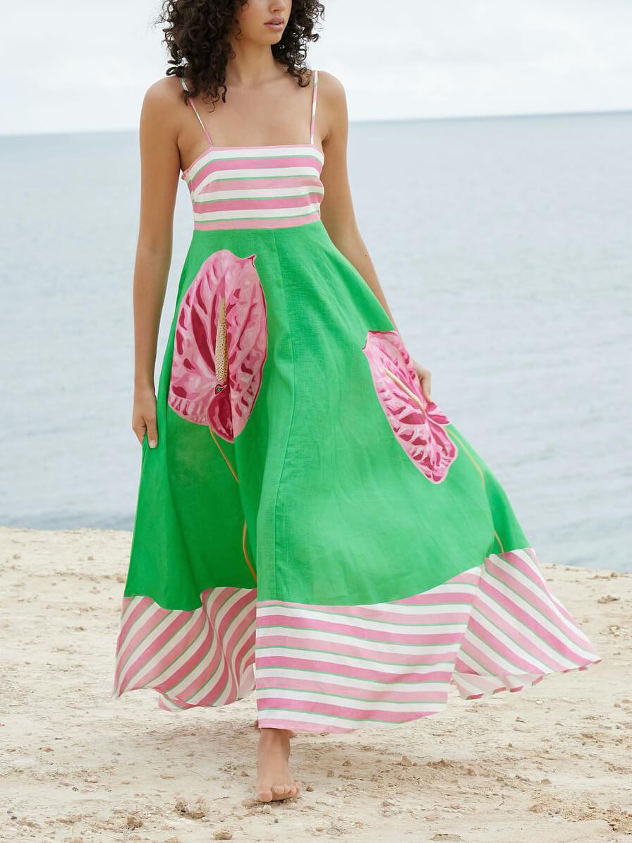 Callistari Floral Print Paneled Striped Suspender Mixi Dress-CALLISTARI