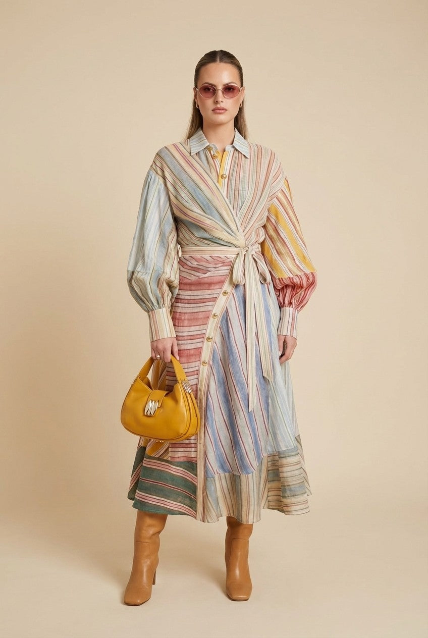 Striped Linen Wrap Dress
