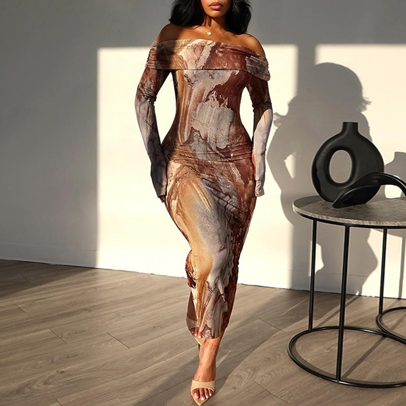 Off-Shoulder Abstract Print Layered Bodycon Maxi Dress-CALLISTARI