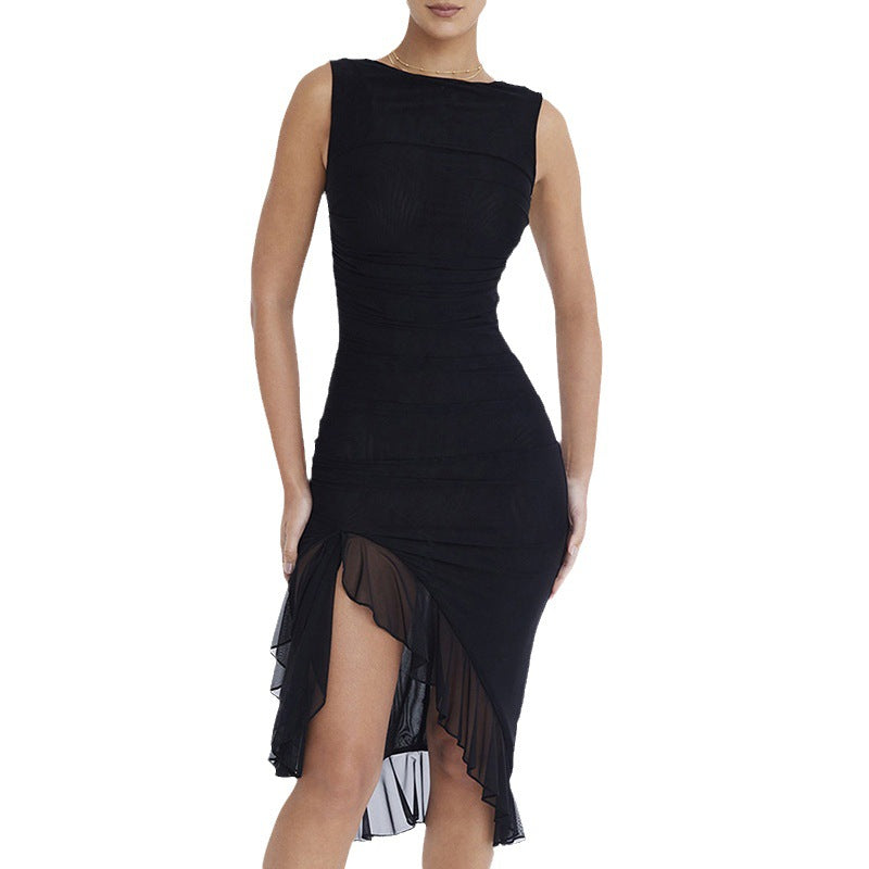 Women's Round Neck Sleeveless Waist Irregular Mesh Dress-CALLISTARI