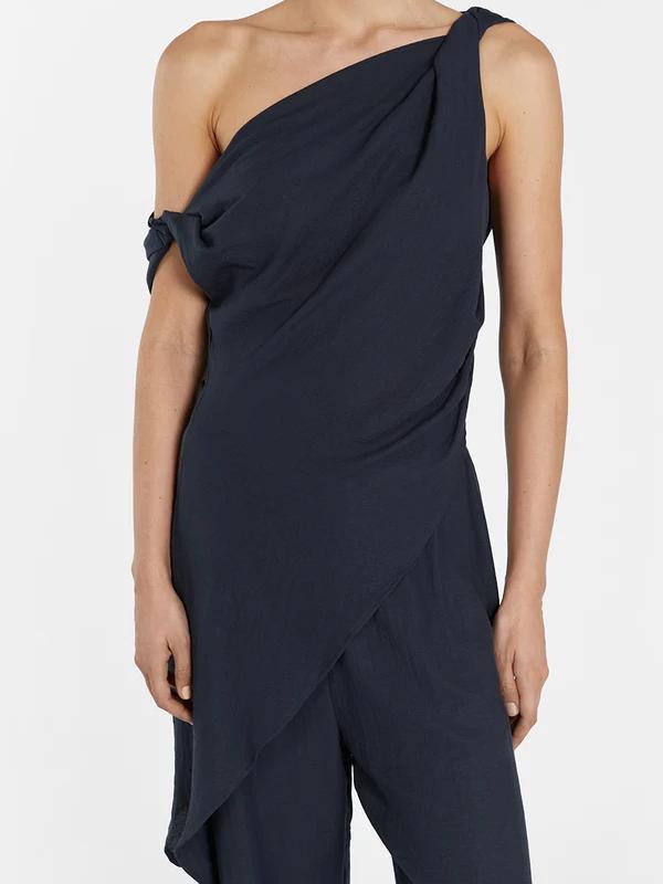 Asymmetrical Twist Detailing Top Linen Blend Pants Set-Mesadic