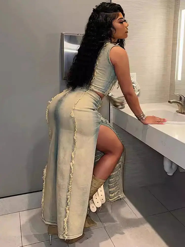 Trendy Denim Set Women-Mesadic