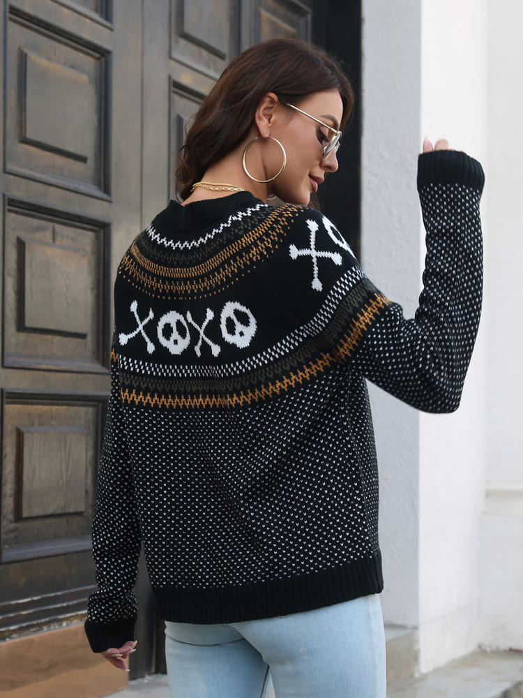 Retro Skull Pattern Round Neck Knitted Sweater-CALLISTARI