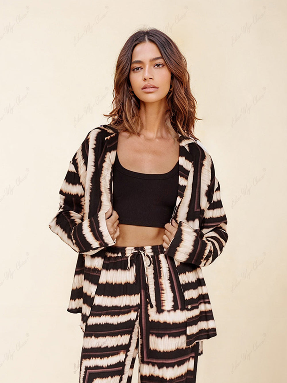 Callistari Signature Strip Textured Chocolate Print Loose Shirt-CALLISTARI