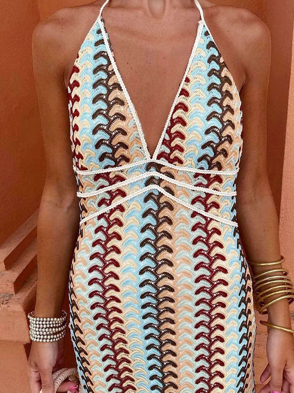 Halter V Neck Backless Boho Pattern Knit Slim-Fit Vacation Maxi Dresses-Beige-CALLISTARI