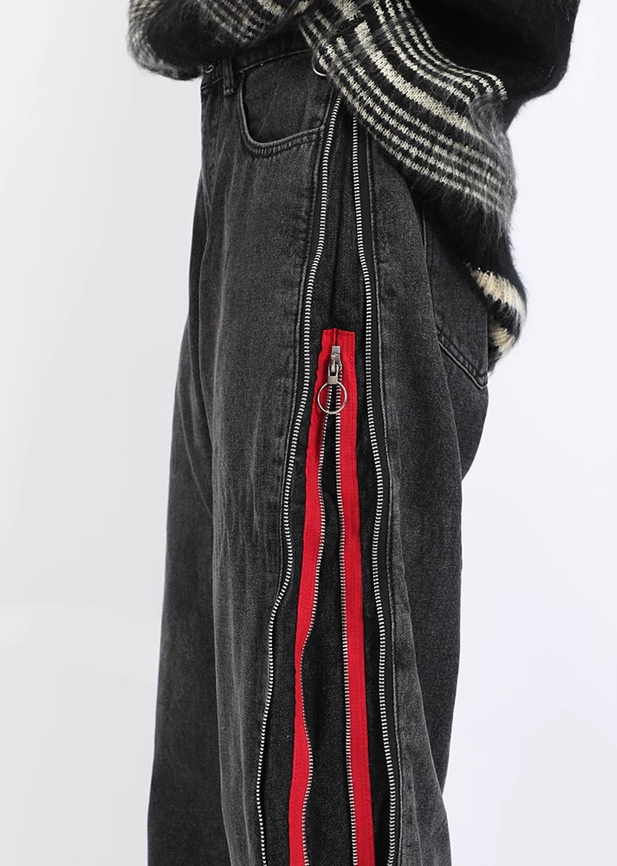 【7/15新作】Red color multiple side line design zipper denim pants  HL3058-CALLISTARI