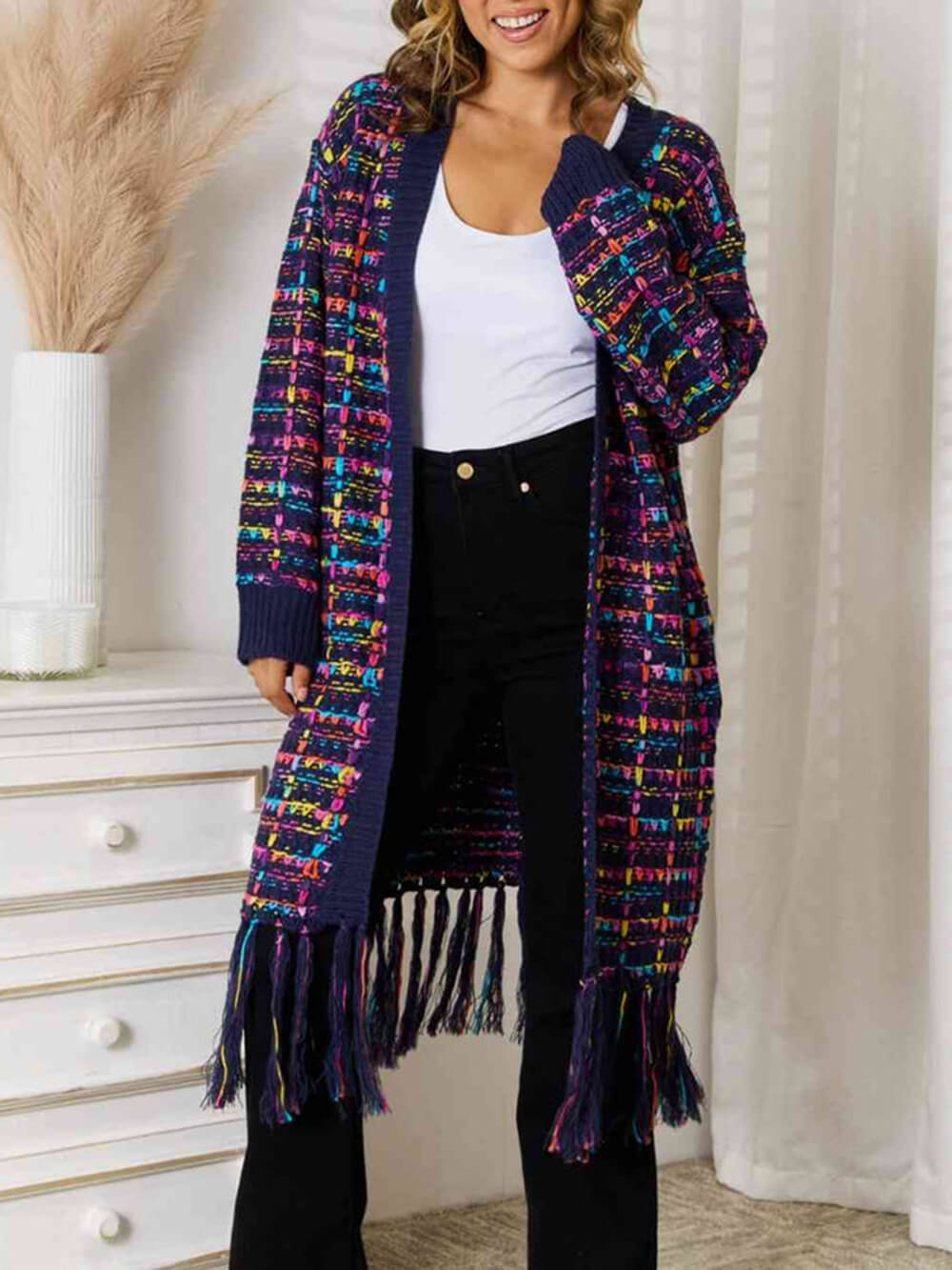 Boho Multicolor Fringe Hem Longline Cardigan-CALLISTARI