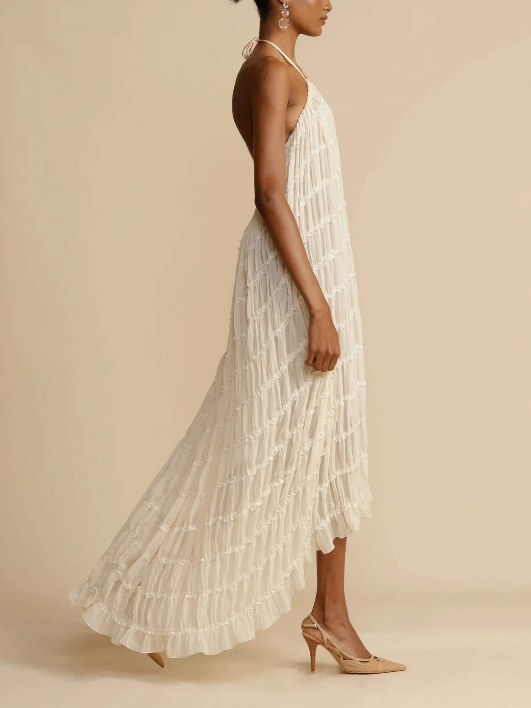 Callistari Charming Pleated Drawstring Waist Tiered Halterneck Midi Dress-CALLISTARI