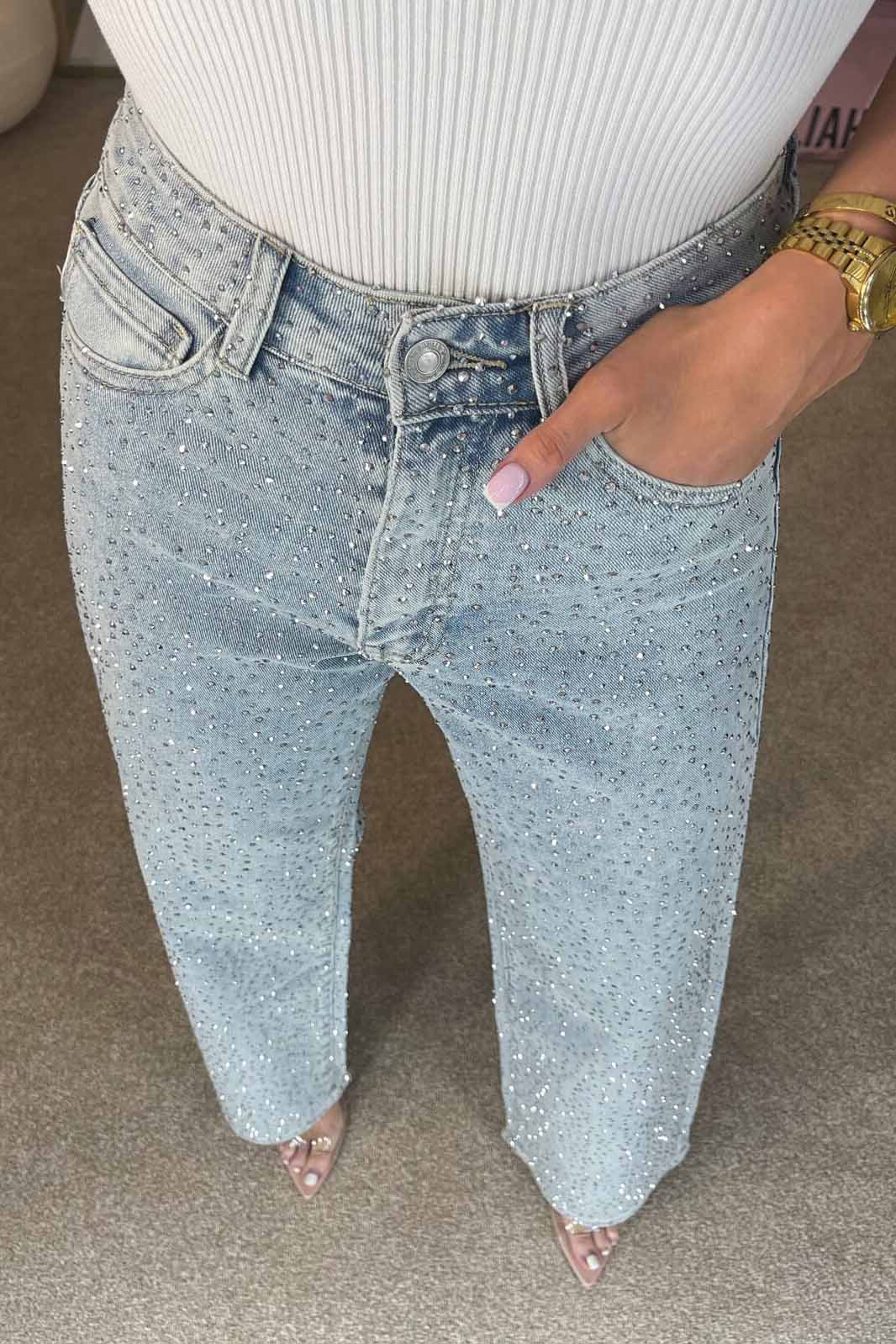 High Waisted Diamanté Straight Leg Jeans-ROVOLE