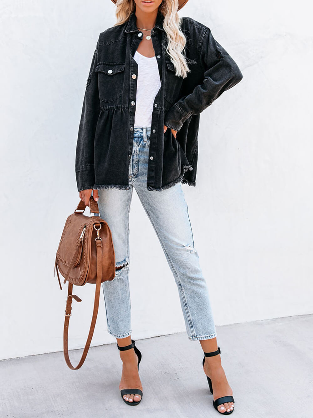 Distressed Denim Button Down Shirt Jacket-CALLISTARI