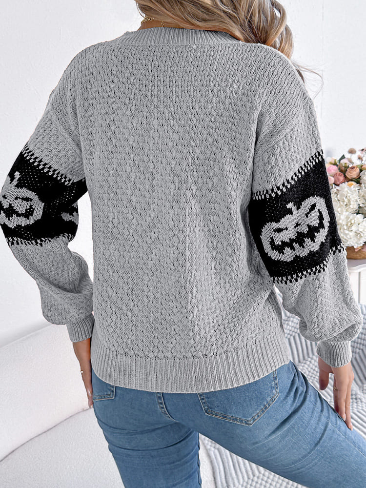 Halloween Pumpkin Head Color-Block Crew Neck Knit Sweater-CALLISTARI