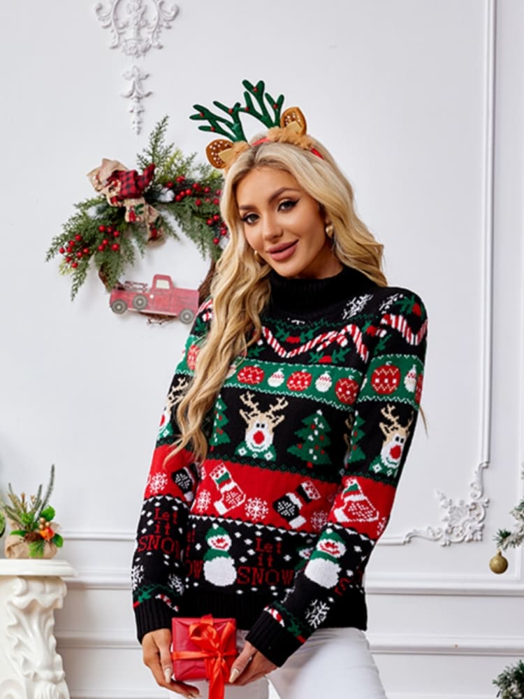 High Neck Christmas Snowman Embroidery Sweater-CALLISTARI