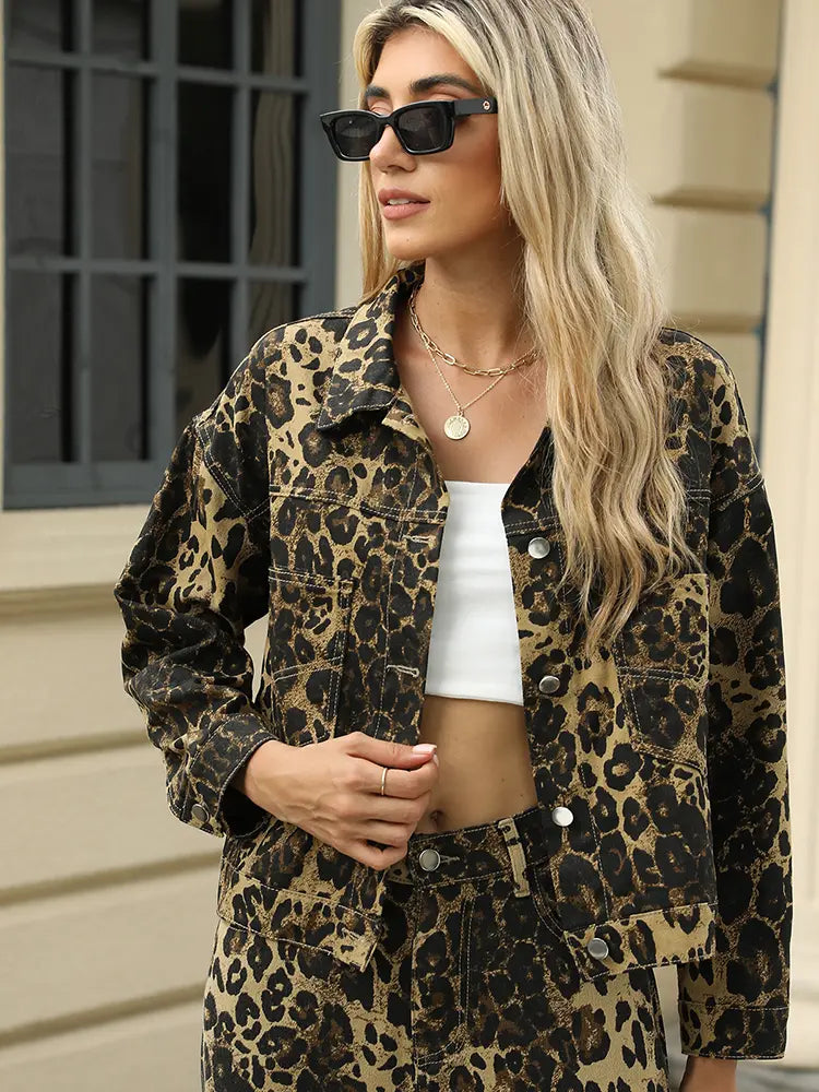 Fashion Leopard Print Denim Jacket Set-Mesadic