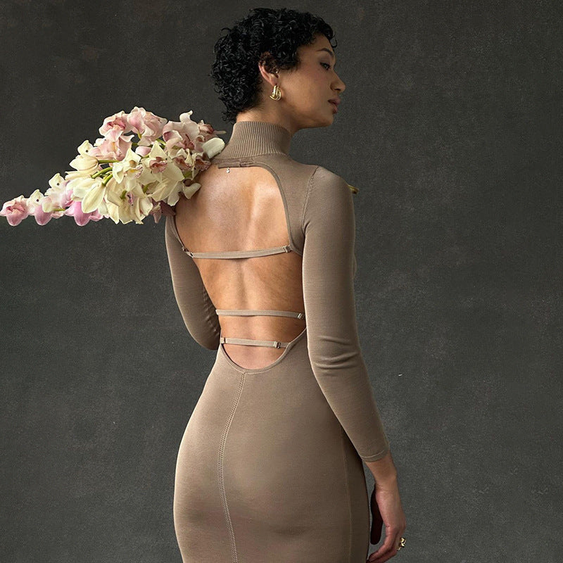Ava Knitted Half-turtleneck Backless Dress - Khaki-CALLISTARI