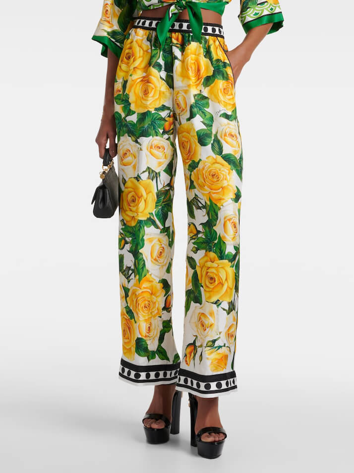 Callistari Exquisite Rose Print Loose Long Wide Leg Pants-CALLISTARI