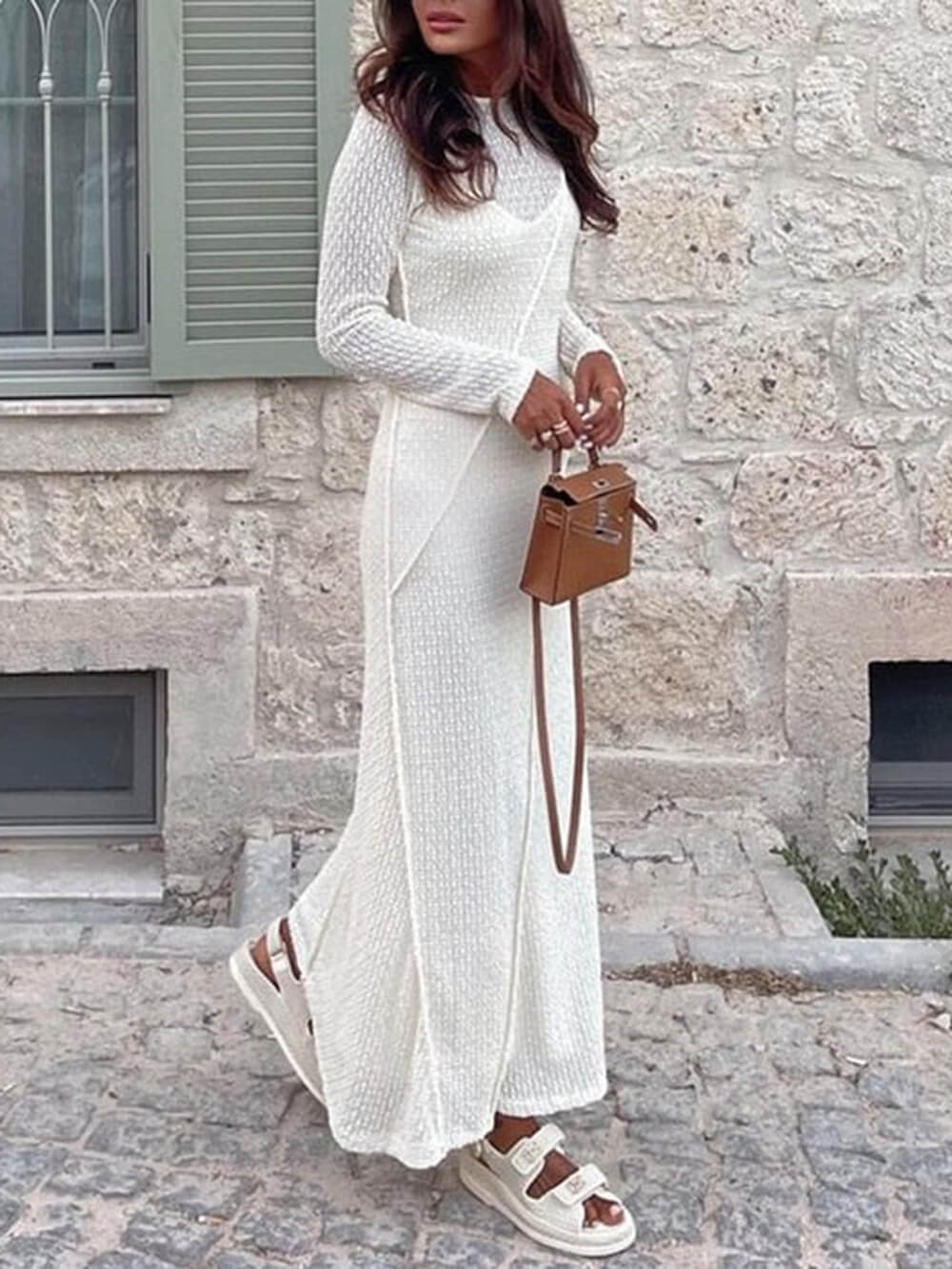 Jacquard Backless Paneled Long-Sleeved Maxi Dress-CALLISTARI