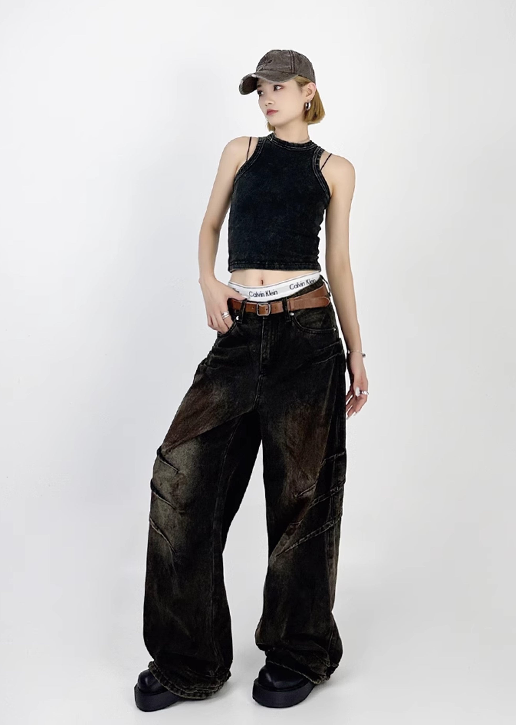 [4/29 New] Double claw mark design grunge rust color wide denim pants HL3039-CALLISTARI