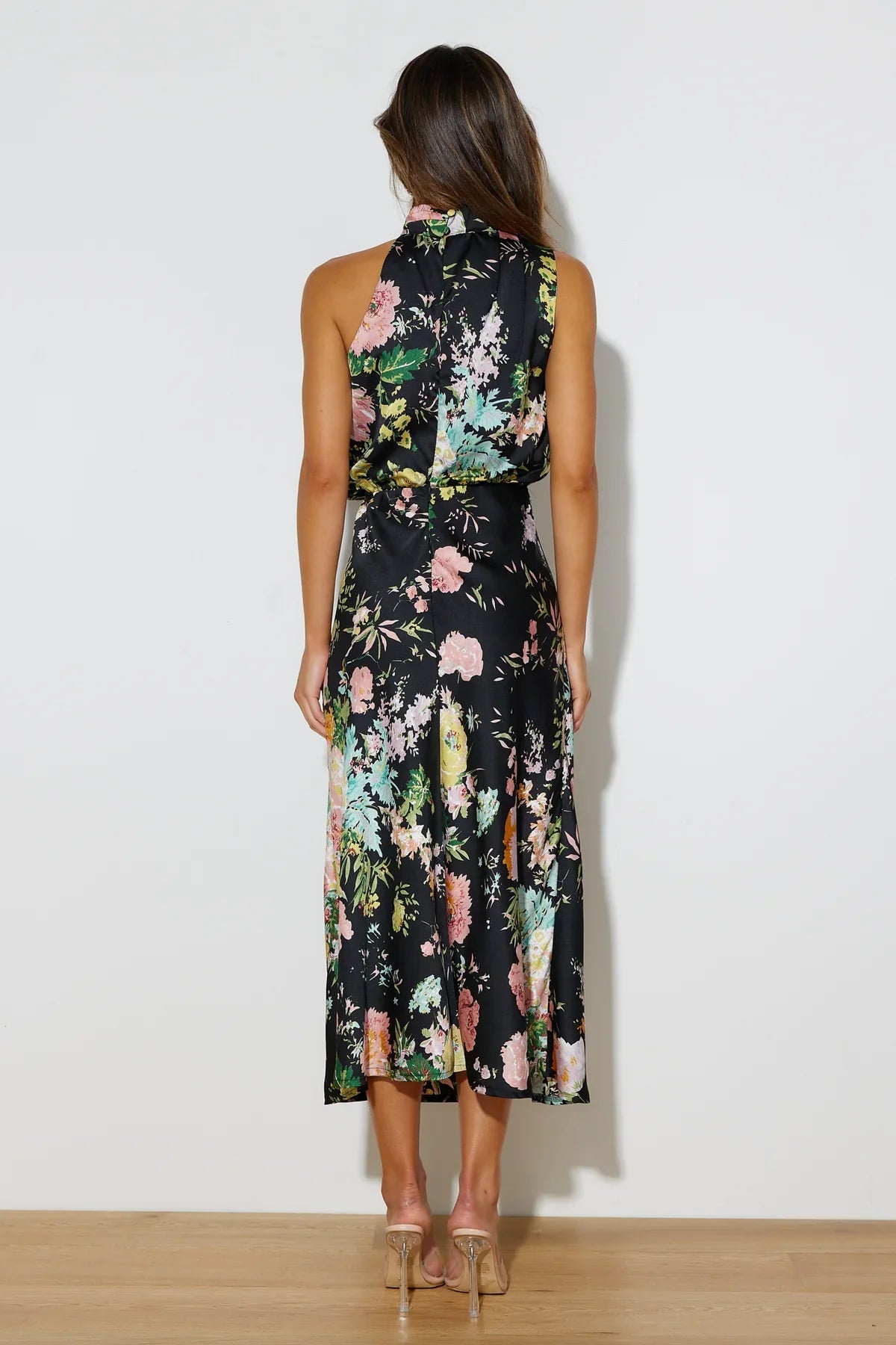 Wine Country Dates Floral Halter Neck Elastic Waist Maxi Dress-Mesadic