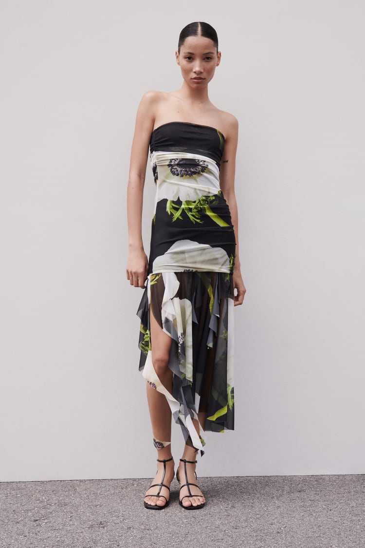 Gardenia Floral Mesh Pleat Tube Midi Dress-Mesadic