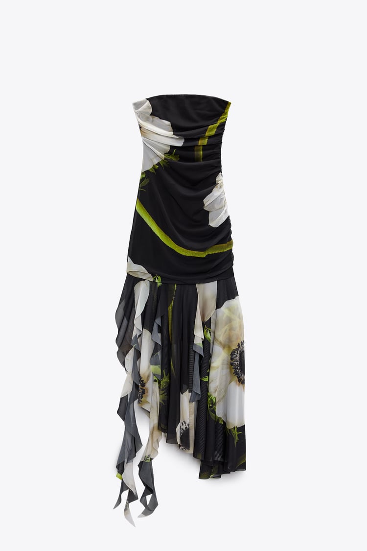 Gardenia Floral Mesh Pleat Tube Midi Dress-Mesadic