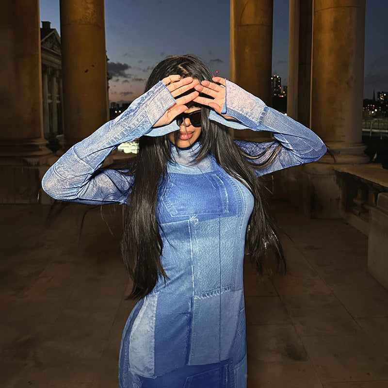 Distressed Denim Print Maxi Dress-CALLISTARI