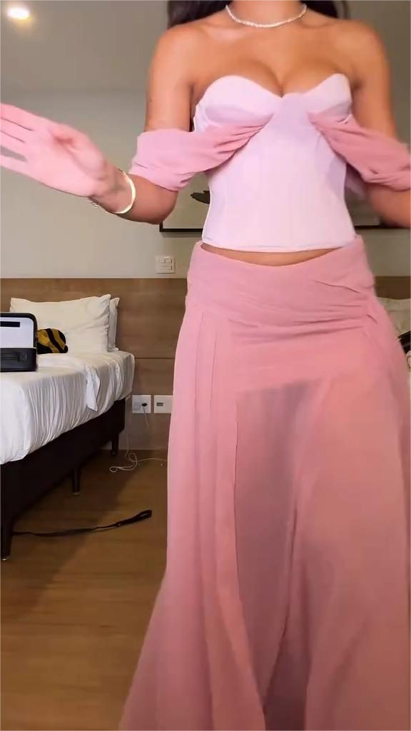 Pink Off - Shoulder Corset Maxi Dress Set-ROVOLE