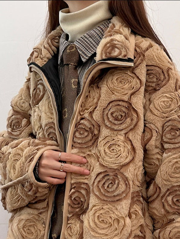 Spring Flower designer original national style rose lamb velvet jacket for women-Mesadic