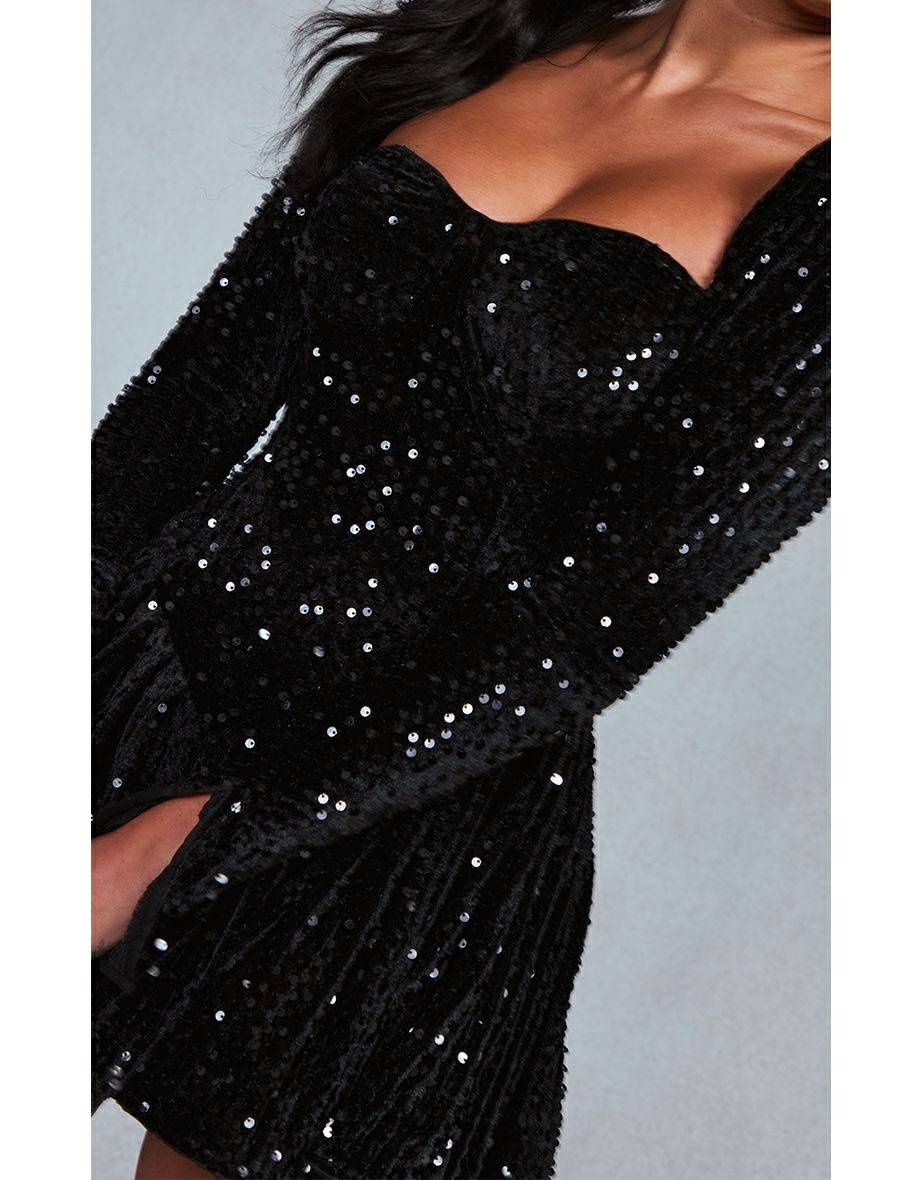 Black Sequin Cup Detail Long Sleeve Skater Mini Dress-CALLISTARI
