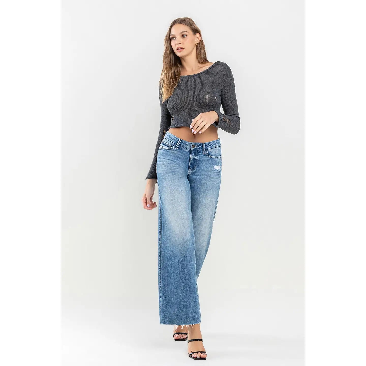Mid Rise Clean Cut Raw Hem Wide Jeans-Mesadic