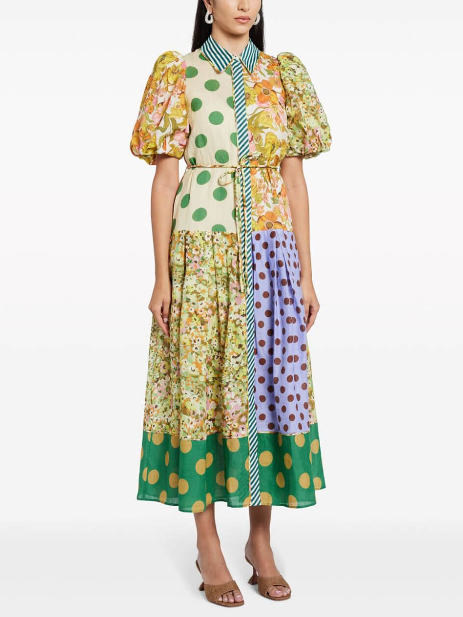 Exquisite Retro Floral Print Puff Sleeve Midi Dress-CALLISTARI