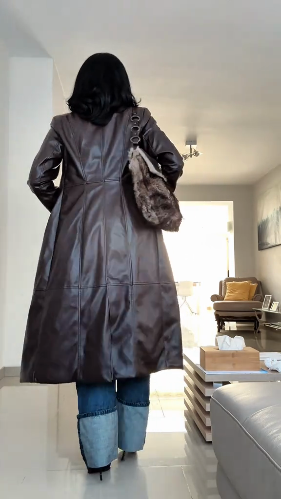 Brown Faux Leather Trench Coat-Mesadic