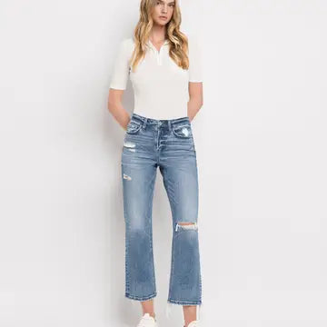 High Rise Distressed Hem Crop Straight Jeans-Mesadic
