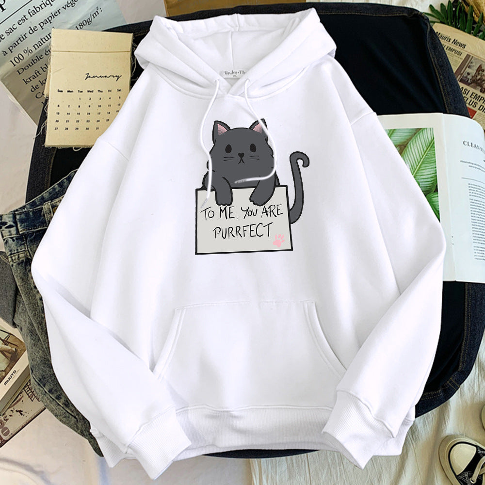 Casual Cat Text Printed Pullover Hoodie-CALLISTARI